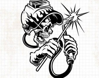 Puede incluir: Ilustración en blanco y negro de una calavera con un casco de soldador y sosteniendo una antorcha de soldar. La calavera lleva una máscara de soldar con llamas en el lateral. La antorcha está chispeando y tiene una manguera conectada.