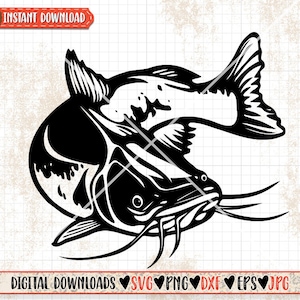 May include: Black and white silhouette of a catfish with its mouth open and whiskers visible. The catfish is curled in a circle with its tail pointing up.