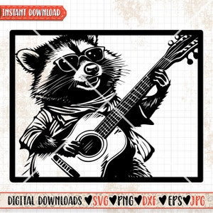 Cute Raccoon Playing Guitar svg | Guitarist Player Trash Panda Cutfile | Street Cat Rockers dxf | Rockstar Animal Clipart| Raccoon Shirt png