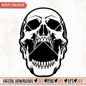 May include: Black and white silhouette of a skull with an open mouth and teeth. The skull is facing forward and has a detailed design.