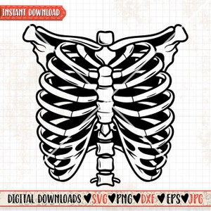 May include: Black and white illustration of a human rib cage. The rib cage is drawn in a detailed and realistic style.