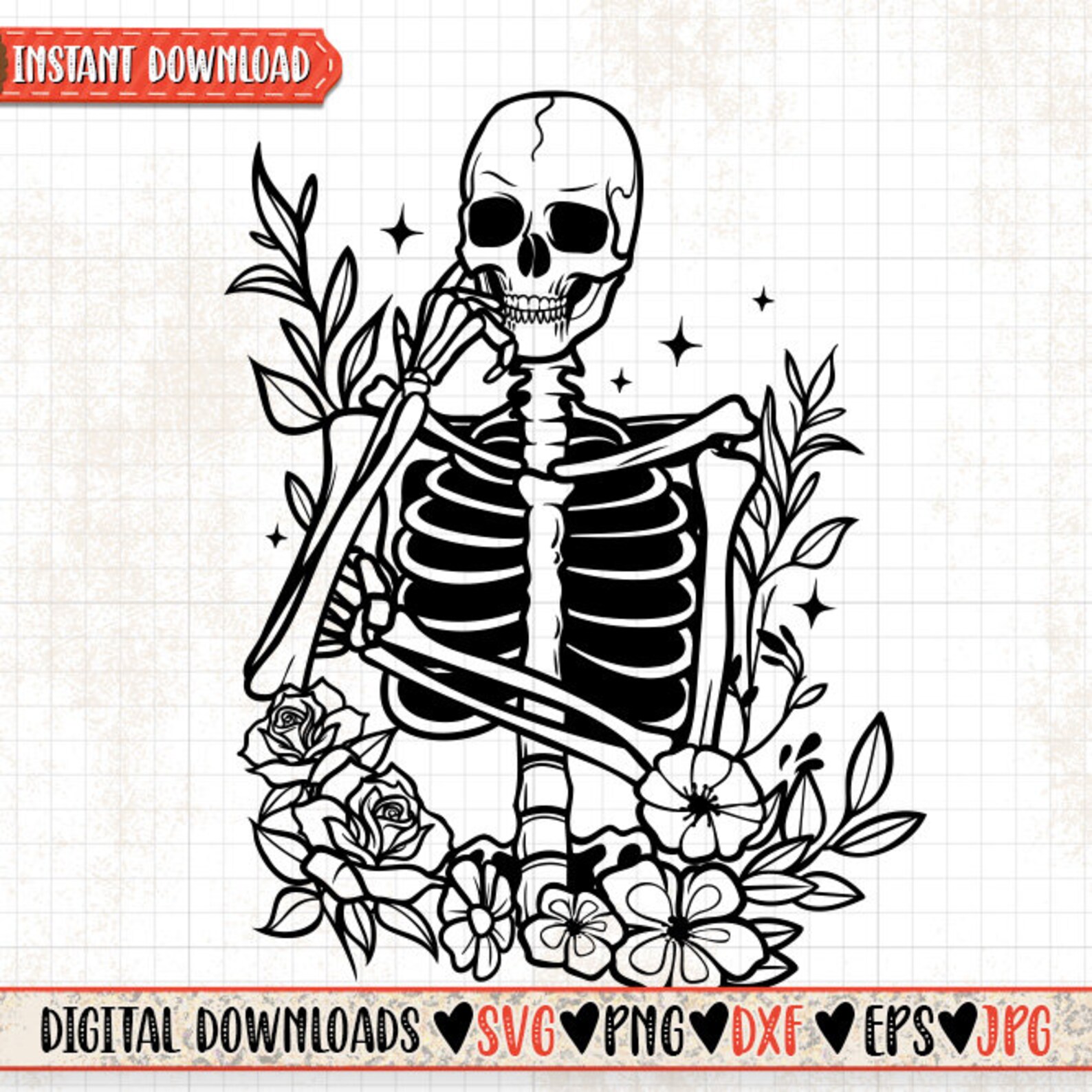 Skeleton Think Thinker Skeleton Svg Floral Skeletal Clipart Flower Dead Inside Cutfile ...