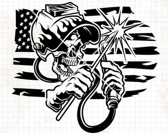 US Welder Skull svg | Iron Pipe Work Clipart | Welding Rod Stencil | Torch Cutfile | Welder Dad Shirt png | Iron Work dxf | USA Construction
