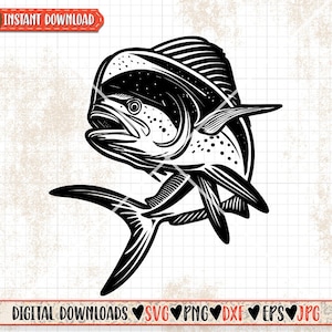 Puede incluir: Ilustración en blanco y negro de un pez mahi-mahi saltando fuera del agua. El pez tiene un diseño detallado con escamas y aletas.