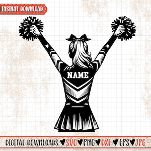 May include: Black and white silhouette of a cheerleader holding pom-poms with the word "NAME" on the back of her uniform.