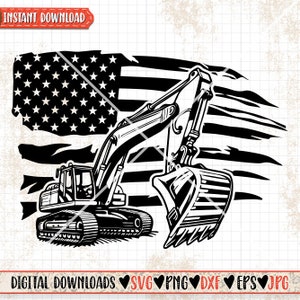 Könnte beinhalten: Schwarze und weiße Silhouette eines Baggers mit einer abgenutzten amerikanischen Flagge dahinter. Der Bagger ist zur rechten Seite des Bildes gerichtet. Die Flagge ist zerrissen und hat einen abgenutzten Look. Das Bild ist ein digitaler Download.