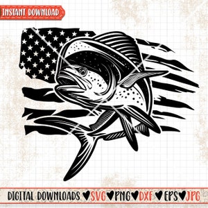 May include: Black and white silhouette of a fish jumping out of the water with a distressed American flag behind it.  The fish is facing the left side of the image.  The flag is tattered and torn.  The image is suitable for use as a digital download for crafting projects.