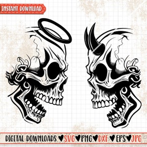 Skull Angel Devil svg | Good and Bad Cutfile | Halo and Horns Stencil | Grim Reaper Clipart | God Angel dxf | Happy Sad jpg | Life and Death