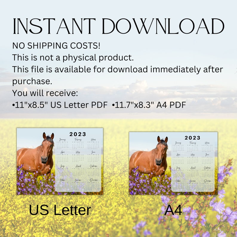 Horse Yearly Calendar 2023 Printable, Yearly Calendar, New Years