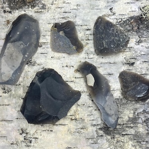 以下が含まれることがあります： さまざまな形とサイズの6つの濃い灰色のフリントストーンが、明るい色のテクスチャのある表面に配置されています。石はざらざらとした自然な外観で、明るい灰色のパッチがいくつか見られます。背景は木のような質感です。
