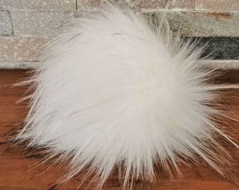 Faux Fur Pom Pom - White - Black tips - Removable- Detachable pom - Pom poms for Hats - Beanie - Snap Fastener - Fluffy - 13-17cm/5.1"-6,7"