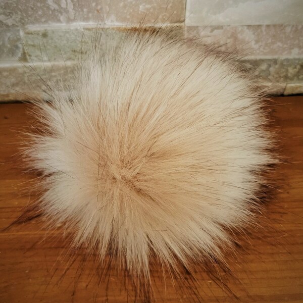 Pompon en fausse fourrure - Beige - Amovible - Pompon amovible - Pompons pour chapeaux - Bonnet - Bouton pression - Duveteux - 13-17 cm/5.1"-6.7"