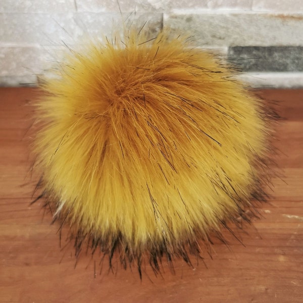 Faux Fur Pom Pom, Ocher,  Removable, Detachable pom, Pom poms for Hats, Beanie hat, Snap Fastener, snap Button, Fluffy, 13-17 cm/5.1"-6,7"