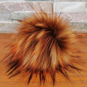 Pompon en fausse fourrure, marron - orange - Amovible - Pompon amovible - Pompons pour chapeaux - Bonnet - Bouton pression - Duveteux - 13-17 cm/5.1"-6.7"