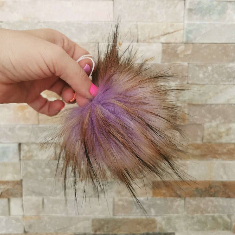 Faux Fur Pom Pom, Purple, Brown Tips, Detachable Pom, Pom Poms for Hats