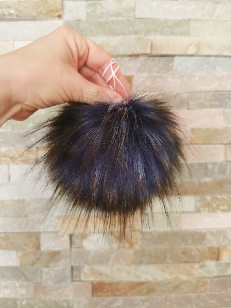 Faux Fur Pom Pom, Blue With Brown Tips, Removable, Detachable Pom, Pom