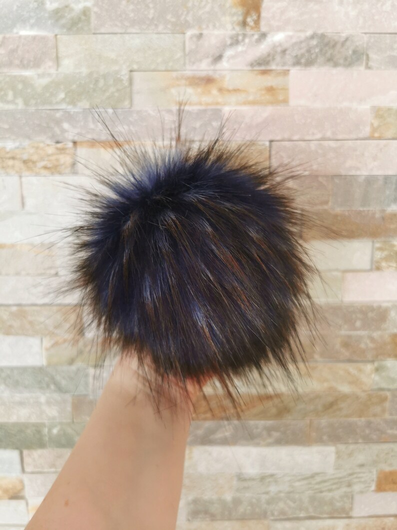 Faux Fur Pom Pom, Blue With Brown Tips, Removable, Detachable Pom, Pom