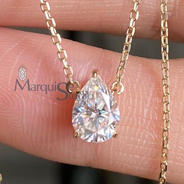 East To West Pear Necklace Pear Moissanite Necklace 1.5 Ct Pear Cut Moissanite Diamond Necklace 18k Solid Yellow Gold 18 Inch Chain Handmade