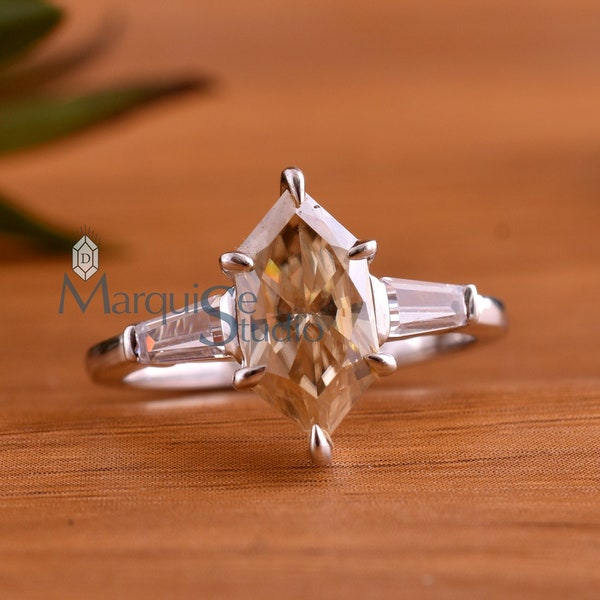 Champagne Moissanite Ring Three Stone Dutch Marquise Engagement Ring 2.20 Ctw Dutch Marquise Cut Champagne Diamond Ring Silver Wedding Ring