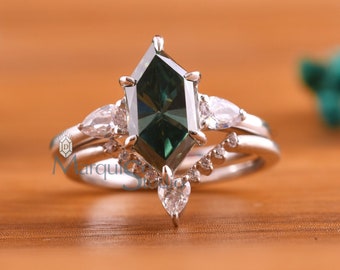 Green Dutch Marquise Cut Bridle Ring Set Three Stone Dutch Marquise Engagement Ring 2.50 Ctw Dark Green Moissanite Wedding Ring Set Silver