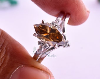 Nederlandse Marquise Cut Brown Moissanite Ring Set Cluster Diamond Wedding Ring Set 2,20 Ctw Nederlandse Marquise Verlovingsring Set Zilveren Hoofdstel Set