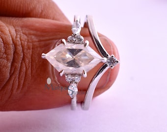 Nederlandse Marquise Cut Moissanite Ring Set Cluster Antieke Diamond Ring Set 2,20 Ctw Unieke vorm Zilveren Verlovingsring Hoofdstel Trouwring Set