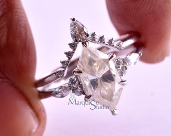 Hoofdstel trouwring set Nederlandse Marquise Cut Moissanite ring set cluster antieke diamanten ring set 2,40 Ctw unieke vorm zilveren verlovingsring