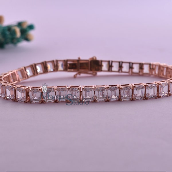 Emerald Cut Moissanite Tennis Bracelet Rose Gold Diamond Bracelet For Men & Women 5*4 mm Emerald Moissanite Bracelet Handmade Gift For Her