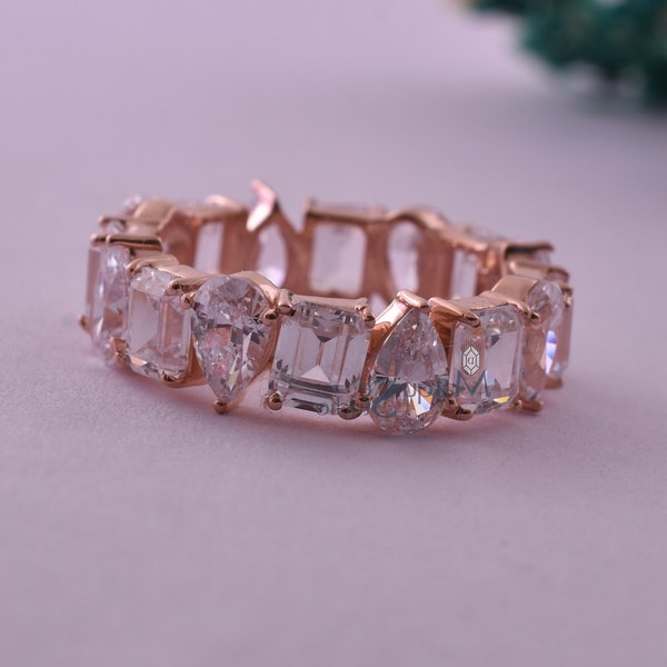 Pear & Emerald Eternity Band Solid Rose Gold Engagement Ring 4.0 Ctw Emerald Moissanite Band Pear Moissanite Ring Full Eternity Diamond Ring
