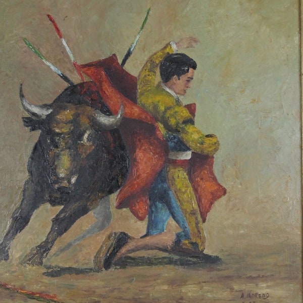 Oil and knife painting on stretched canvas handmade Corrida 41 x46