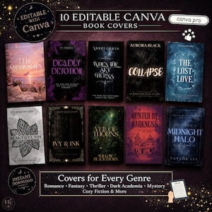 Peut inclure: Présentation de dix couvertures de livres modifiables sur Canva, chacune avec un design et un titre uniques. Les couvertures présentent divers genres, notamment la romance, la fantasy et le thriller. L'image comprend le texte "Couvertures pour tous les genres" et "Téléchargement instantané."