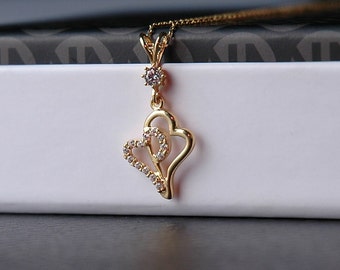 14K Gold Necklace, Double Heart Necklace , Twin Hearts Pendant, Kay to my Heart, Special One, Special Gold Heart, Gift For Mom, Git For Her