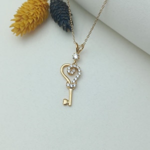 gold heart key necklace, love key necklace, heart key pendant, key to my heart, gold key charm, romantic key necklace, heart key necklace
