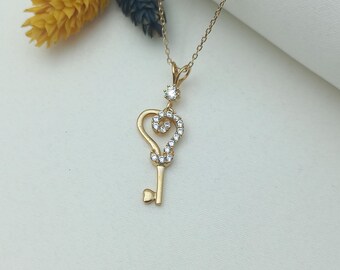 gold heart key necklace, love key necklace, heart key pendant, key to my heart, gold key charm, romantic key necklace, heart key necklace