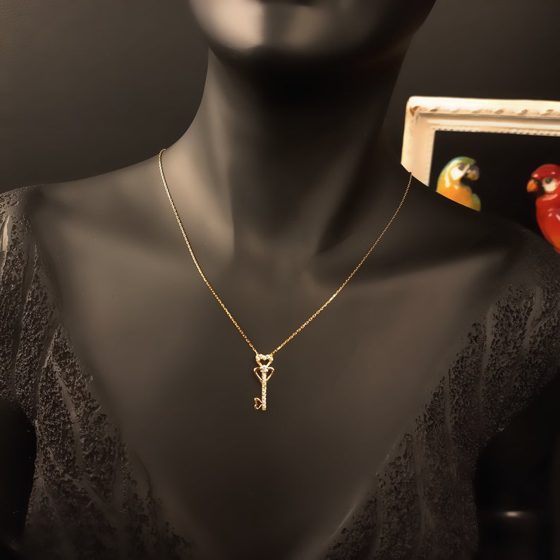 14K Gold Necklace, Heart Key Necklace, Love Lock Pendant, Romantic Key