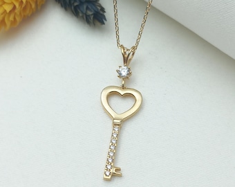 gold heart key, heart key necklace, love key charm, gold key pendant, key to my heart necklace, romantic heart key, gold heart charmnecklace