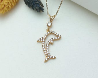 gold dolphin charm, gold dolphin necklace, gold dolphin gift, love dolphin necklace, dolphin jewelry, romantic dolphin charm, 14k dolphin