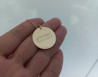 14K Gold Personalized Necklace, Gold Charm, Handwriting Gift For Her, Gold Disc, Personalized Jewelry, Custom Disk Necklace, Special Gift