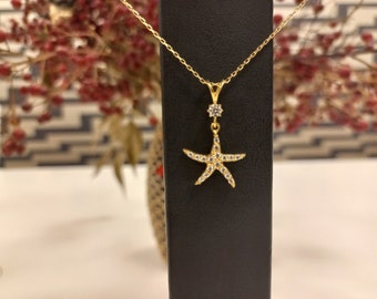 8K Gold Necklace, Starfish Pendant Necklace, Seastar Charm Jewelry, Ocean Star Pendant, Starfish Necklace, Coastal Elegance Jewelry,