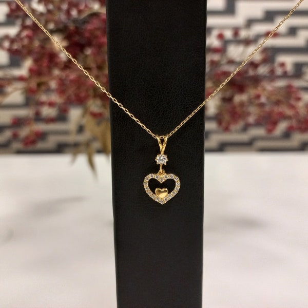 8K Gold Heart Pendant, mothers day gift, Gold, Mom Pendant, Charm necklace, Trendy Pendant, Double Heart Pendant, Twin Hearts Pendant,
