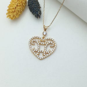 gold heart necklace, gold heart charm, heart pendant necklace, sparkling heart jewelry, gold heart necklace for her, stone heart pendant