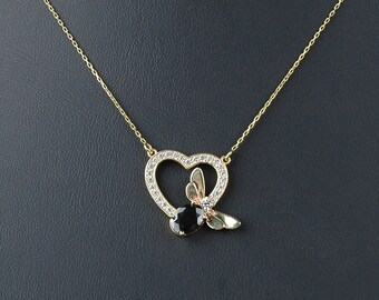 8K Gold Necklace, Butterfly Necklace, Butterfly and Heart Necklace, Gold Heart Necklace, Art deco pendant, Elegant pendant, Chic pendant,