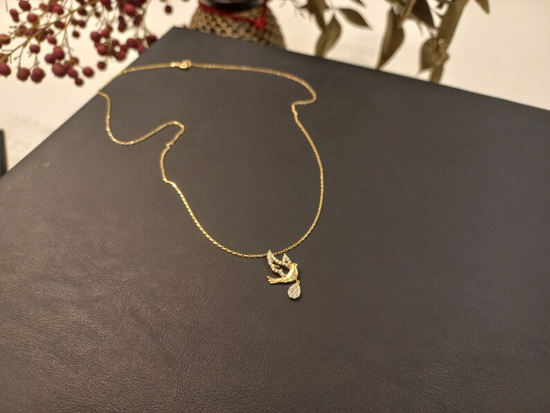 8K Gold Necklace, Droplet Feathered Charm, Nature-Inspired Water Pendant, Gold Bird, Water Drop Bird Necklace, Bird with Teardrop Pendant image 9