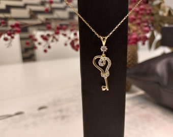8K Gold Pendant,  Key Necklace, Love Lock Pendant, Love Key, Key Necklace, Key Heart, Gold Key,  Kay to my Heart, Classic pendant, 8K Gold