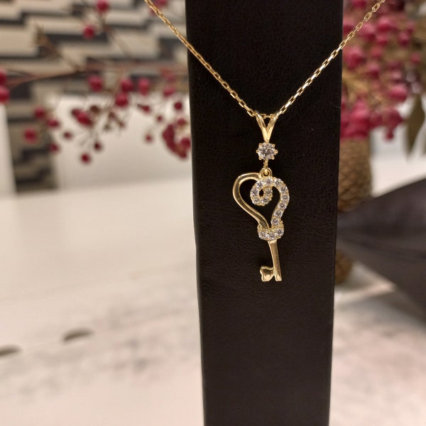 8K Gold Pendant,  Key Necklace, Love Lock Pendant, Love Key, Key Necklace, Key Heart, Gold Key,  Kay to my Heart, Classic pendant, 8K Gold