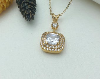 gold square necklace, gold square pendant, gold square charm, dainty square necklace, women's gold square jewelry, square pendant for her