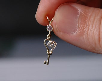 14K Gold Pendant, Mini Key Necklace, Mini Lock Pendant, Small Key, Key Necklace, Key Heart, mom pendant, mothers day gift, girls pendant,