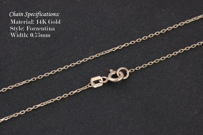 May include: A gold chain necklace with a lobster clasp closure. Chain Specifications: Material: 14K Gold, Style: Forzentina, Width: 0.75mm