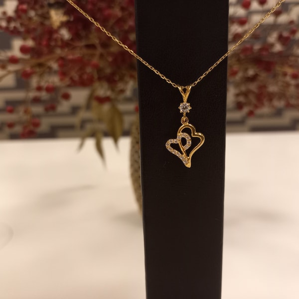 8K Gold Pendant, Double Heart Necklace , Twin Hearts Pendant, Dual Love Charm , Romantic Heart Duo Necklace, Intertwined Hearts Pendant,