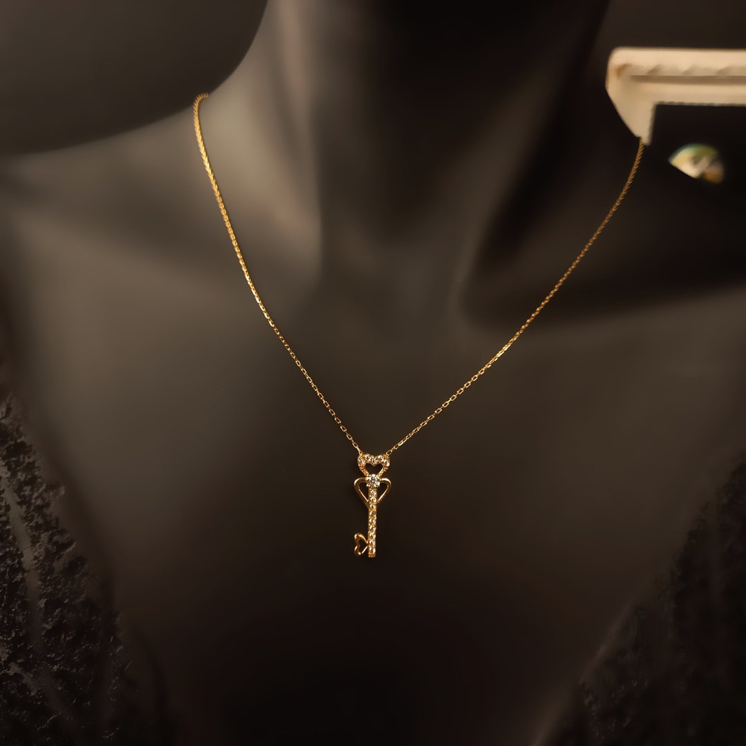 14K Gold Necklace, Heart Key Necklace, Love Lock Pendant, Romantic Key